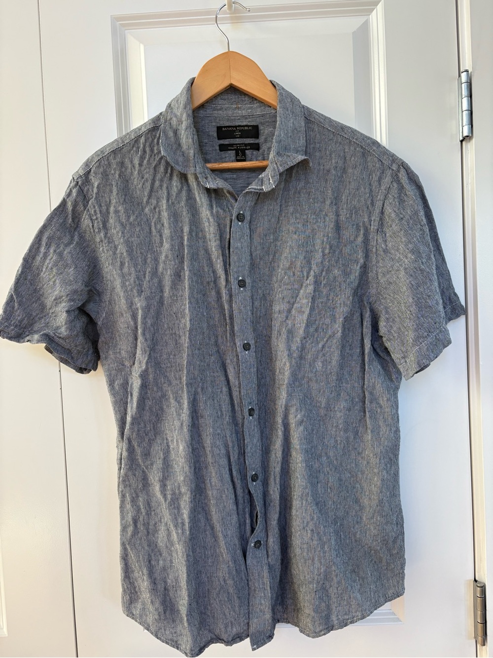 Banana Republic Linen Blend Blue Short Sleeve Button-Down Shirt Large Slim Fit